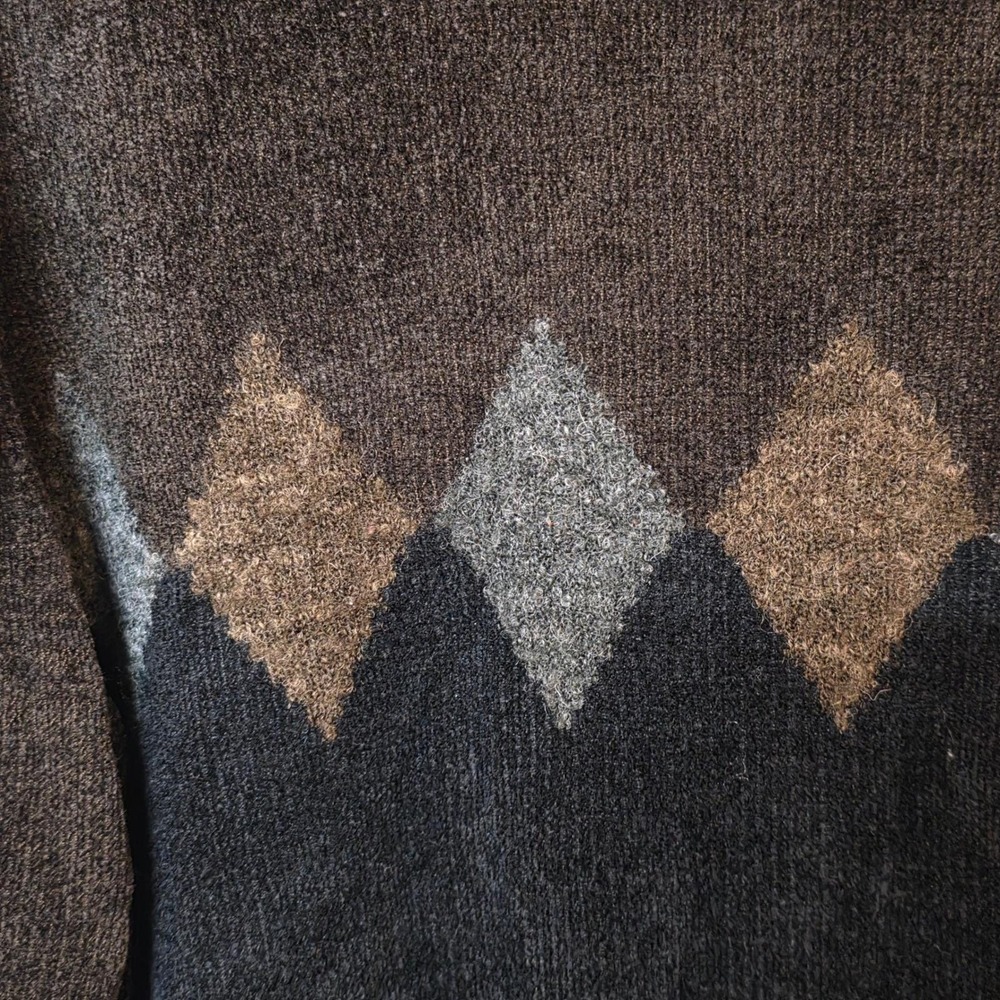 Vintage Geoffrey Beene Mens Large Chenille Argyle Sweater Brown Grey Crewneck - Picture 3 of 10